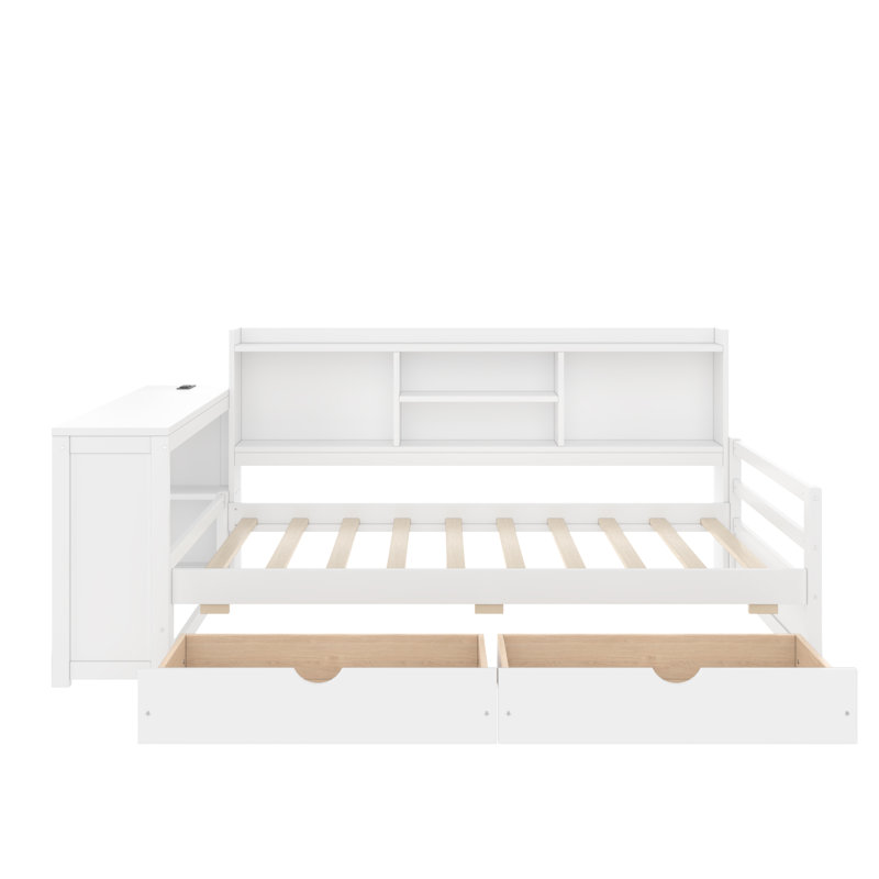 Lit de jour moderne avec tiroirs de rangement et tête de lit bibliothèque Doran, Blanc