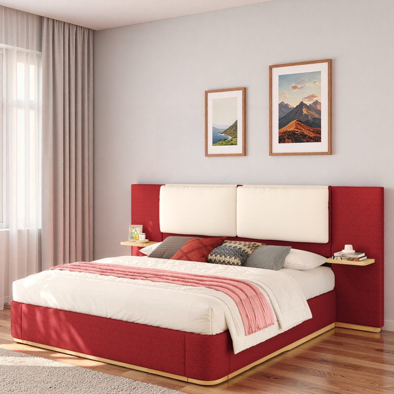 Lit plateforme tapissier avec tablettes, Rouge, Très grand lit