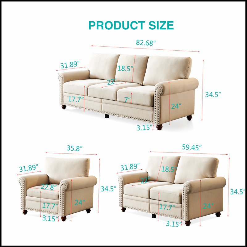 Linen Storage Sofa with Removable Boxes – Solid Wood & Metal Frame, 7" Cushions, Silver Nail Trim, Beige