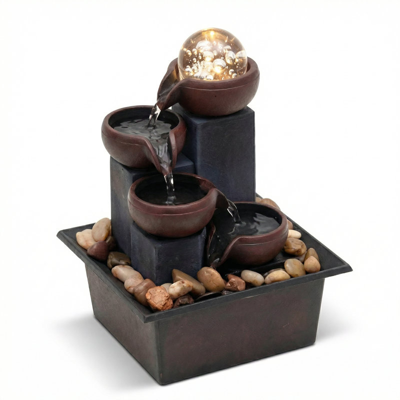 Four level desktop fountain with LED light, Gray/Brown