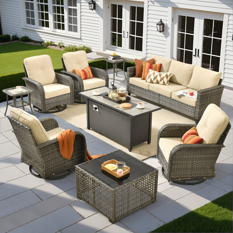 Jordanlee 7- Person Outdoor Seating Group With Rocking Swivel Chairs With Fire Pit Table, Beige