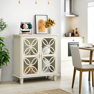 Buffet, armoire de salle de bain autoportante avec portes en verre trempé, console de cuisine rétro moderne, armoire de rangement décorative à 2 portes