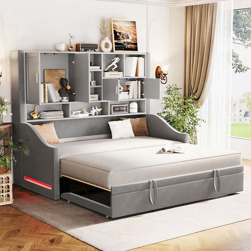 Upholstered Daybed with LED Armrest Lights, Storage Shelves & Cabinets, Pull-Out Lift-Up Twin Trundle, Gray