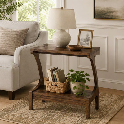Solid Wood End Table, Narrow Side Table with 2-Tier Storage Shelf