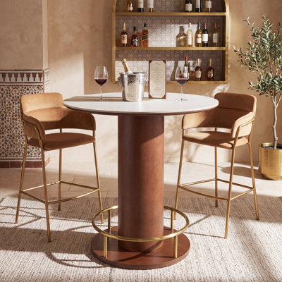 31.5" Round Bar Table with Sintered Stone Top and Solid Wood Pedestal Base (Only Table)