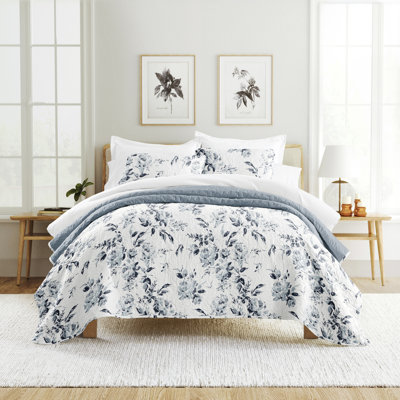 Quilt Set- Lightweight - All Season Quilted Coverlet - Rose Garden Light Blue