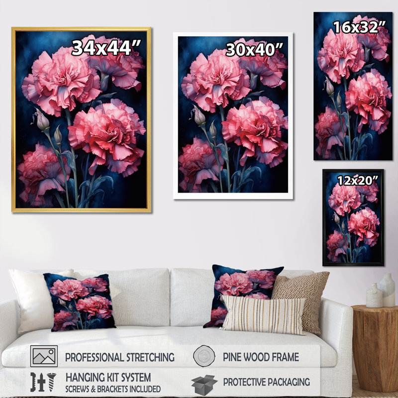 Œillets roses sur encre bleu marine - Œillets, impressions d'art mural, Cadre photo noir simple, H 44 po x l 34 po x P 1,5 po