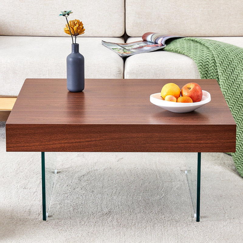 Table basse carrée avec plateau en panneau de fibres à densité moyenne et pieds en verre trempé, Noyer