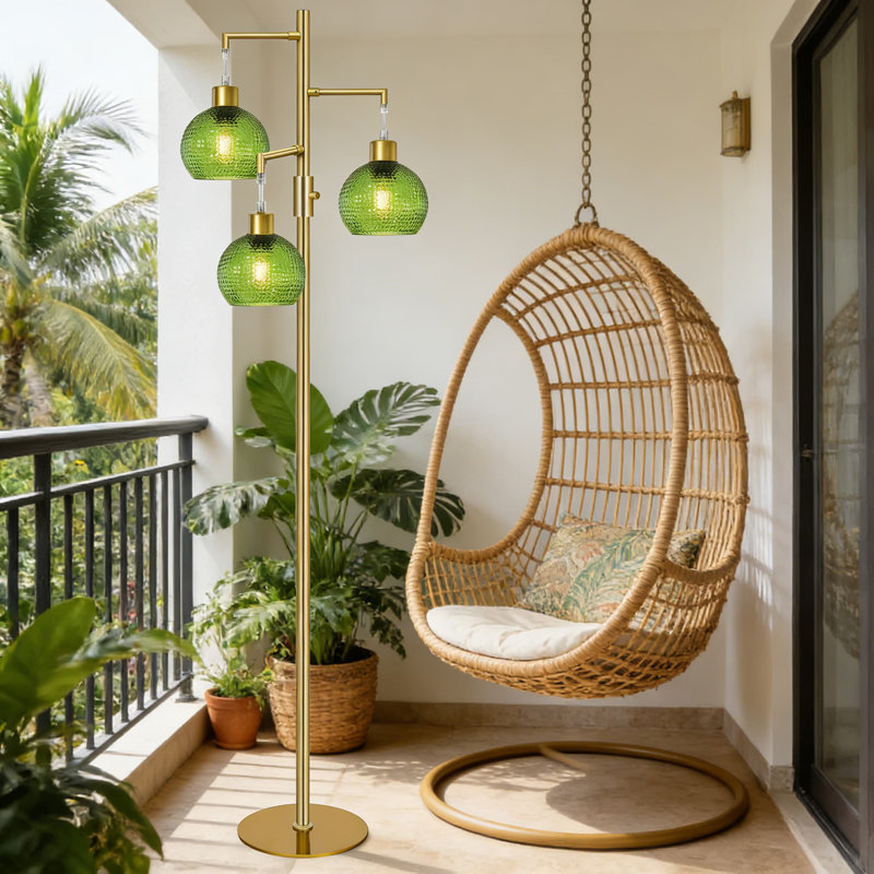 Lampe sur pied moderne à intensité variable avec abat-jour en verre vert, lampe sur pied en forme d'arbre à 3 lumières pour le salon et la chambre à coucher, comprend 3 ampoules à DEL Edison