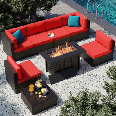 8-Piece Outdoor Rattan Patio Set with Fire Pit Table
