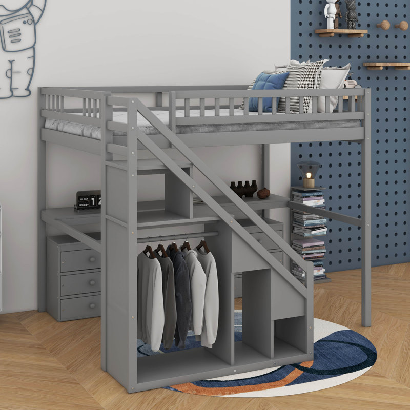 Loft Bed With Two Chest Of Drawers, Desk And Light Strip, Gray, Full