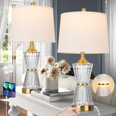 Lampe de table en cristal 26 po avec veilleuse, ports USB et prise de courant, ampoules DEL incluses