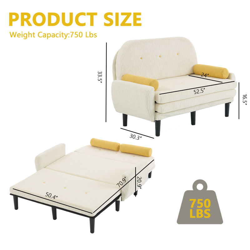 Canapé-lit de 52,5 po, causeuse convertible avec dossier inclinable et chargement USB, canapé-lit 3 en 1, Beige