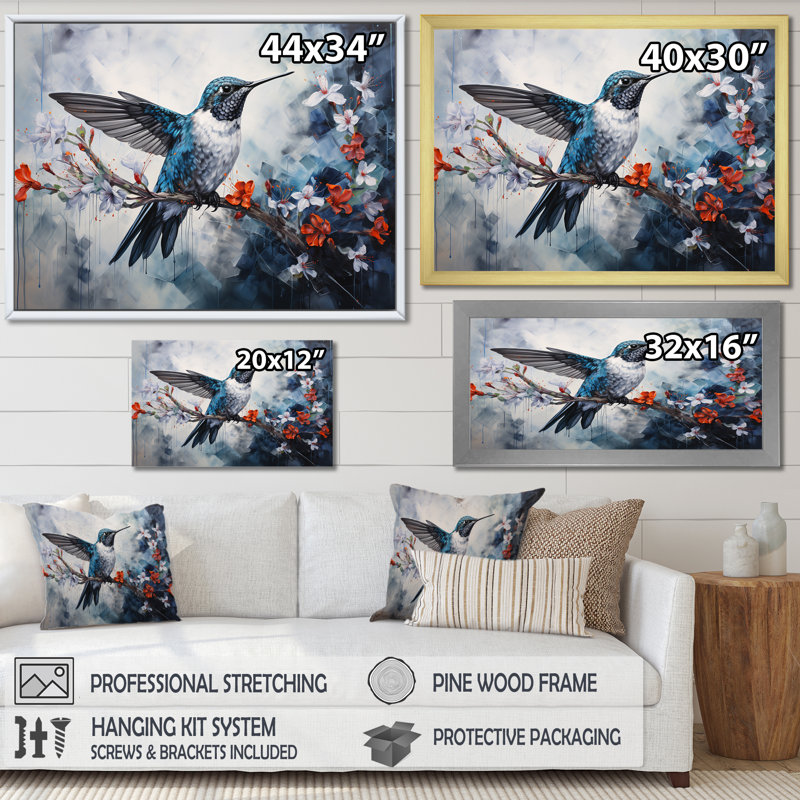Colibri harmonie florale sur toile, H 34 po x l 44 po x P 1,5 po, Cadre simple argenté