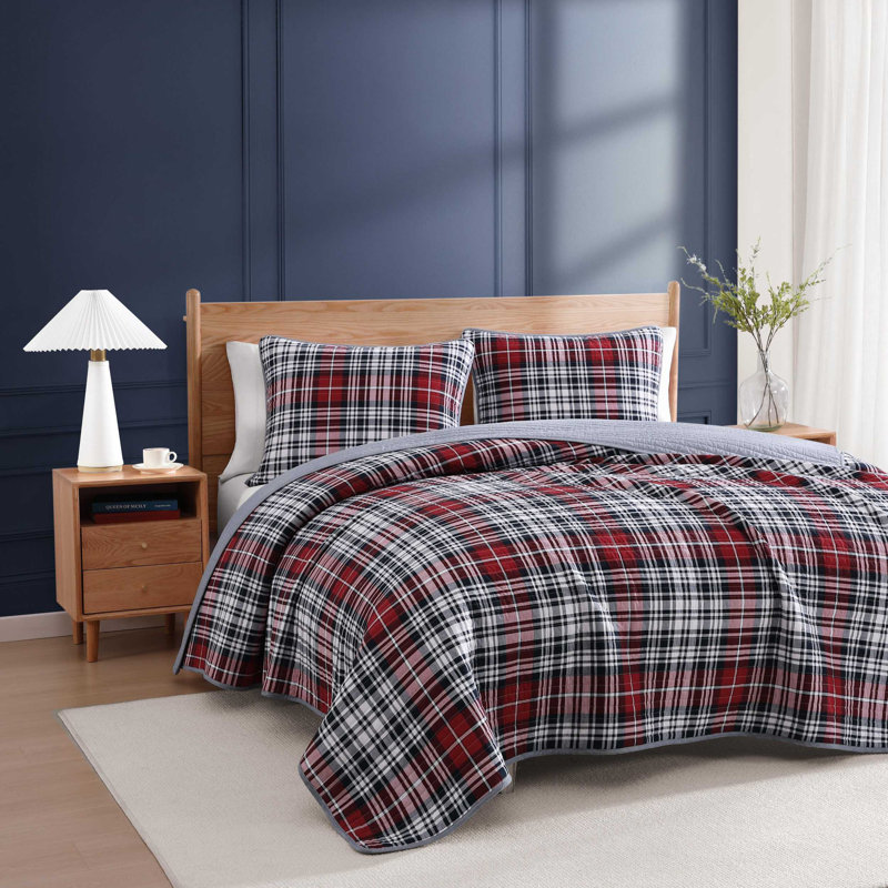 Ensemble de courtepointe réversible en coton bleu tartan Tommy Hilfiger, Bleu / carreaux rouges