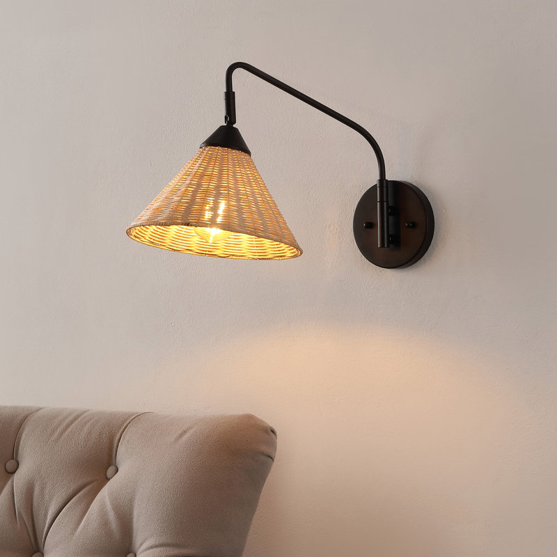 Aarza 11" 1-Light Vintage Coastal Rattan/Metal Swing Arm LED Sconce