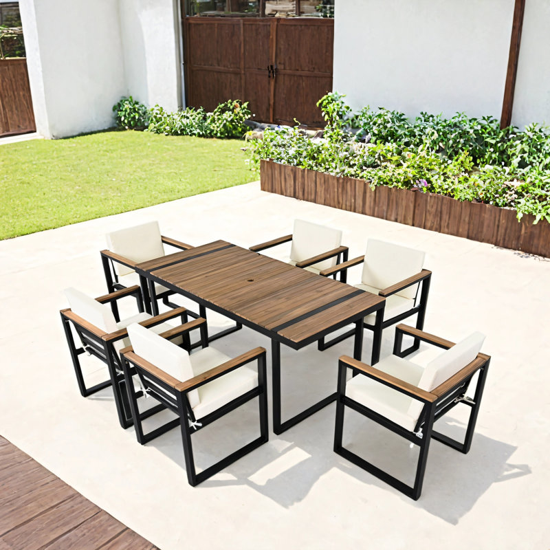 Ensemble repas d'extérieur 7 pièces avec coussins amovibles, Beige