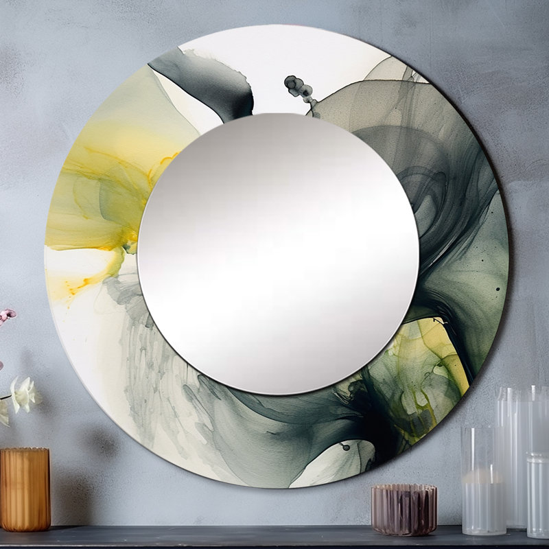 Noir et jaune Splash - miroir décoratif fractal, miroir mural rond moderne, impression d'art en métal, 29 po x 29 po