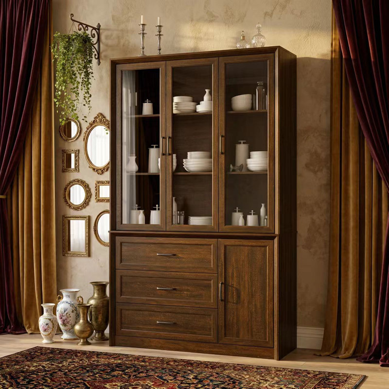 Thickened Wood Grain Dining Cabinet With Glass Door Cabinet + 3 Drawers, Espresso Wood