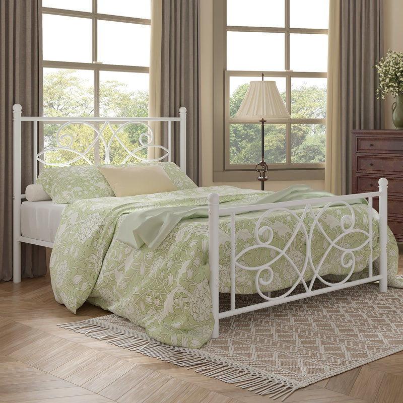 White Queen Size Metal Bed Frame with Headboard and Footboard, Victorian Butterfly Platform Bedframes, Heavy Duty Platform Storage Bed, Noise-Free Slatted Base