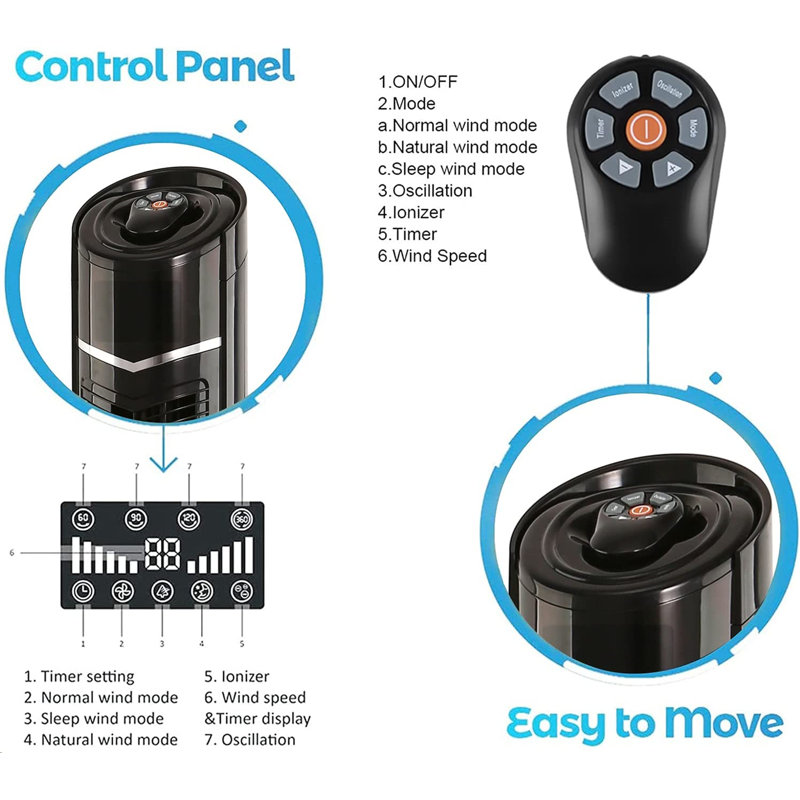 R.W.FLAME 360 Degree Oscillating Tower Fan with Quiet Cooling, 24H Timer, Remote Control, 8 Wind Speed, Black