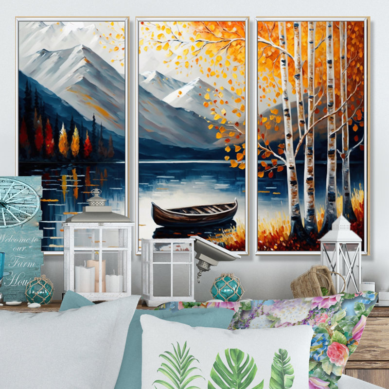 «Canoe On A Lake In Fall II», reproduction de 3 pièces, H 28 po x l 36 po x P 1 po, Blanc