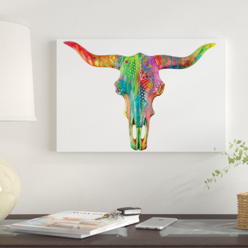 « longhorn », impression sur toile, H 18 po x l 26 po x P 1,5 po, Toile avec cadre noir, Pas de tapis