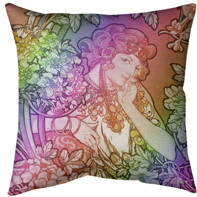 Coussin alphonse mucha femme entre les fleurs