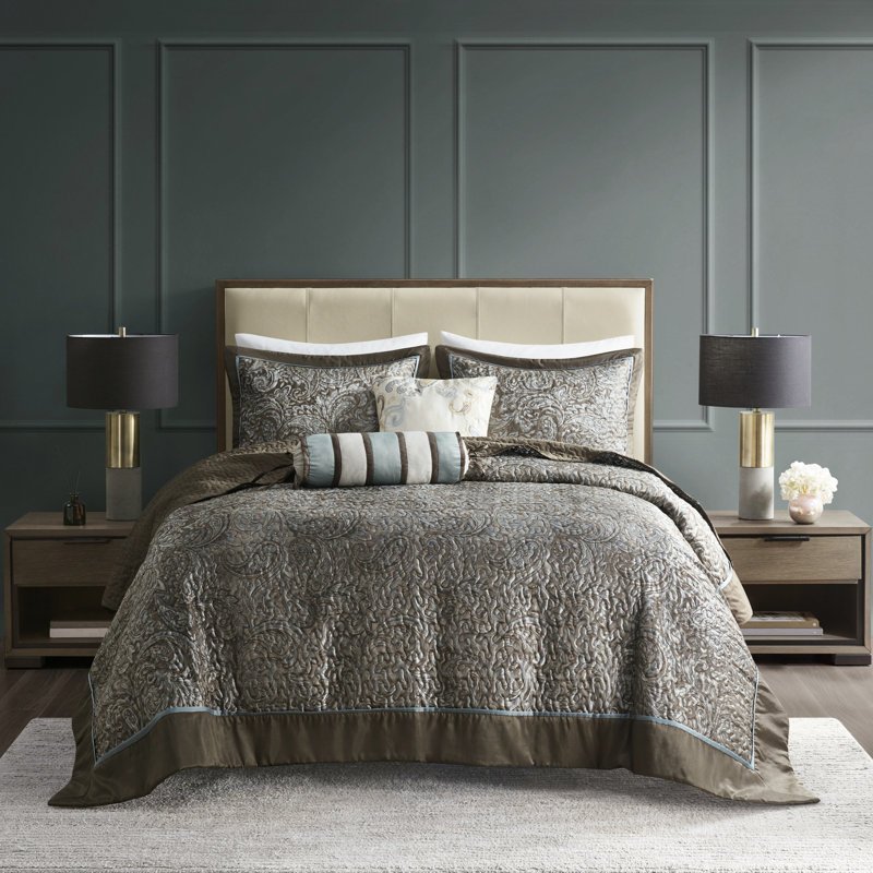 Couvre-lit très grand avec dossier tissé et taupe, bleu / brun, 5 pièces, couleurs, Blue/Brown