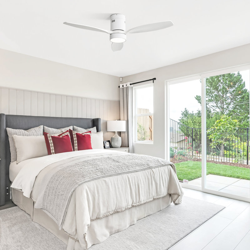 52" 3-Solid Wood Blade Smart Modern Flush Mount Ceiling Fan with Light, Remote, APP, Voice（White）, White