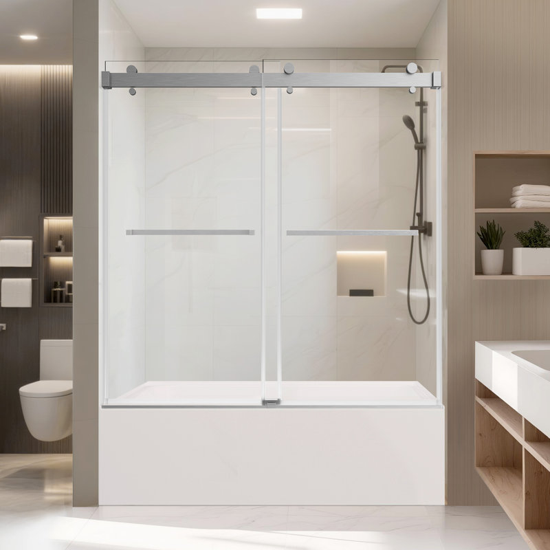 60"W x 66"H Sliding Shower Door, 3/8”(10mm) Tempered Glass, Stainless Steel Track, Smooth Glide with Buffer, Adjustable 4” Range, Left/Right Installation