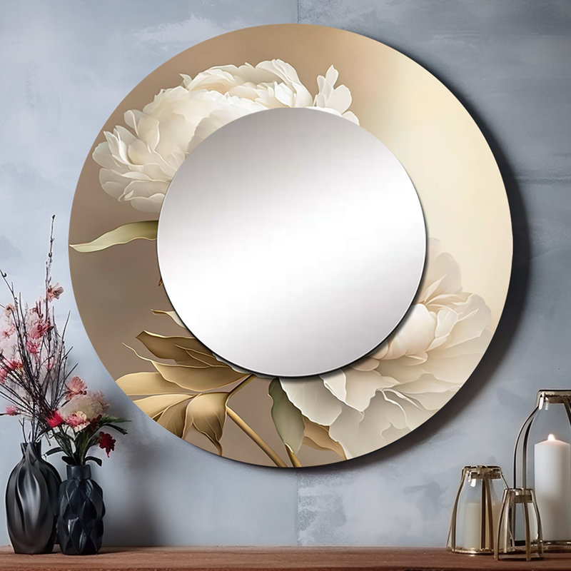 «Shirrell Peony Flower II - pivoines», miroir mural rond blanc, 23 po x 23 po