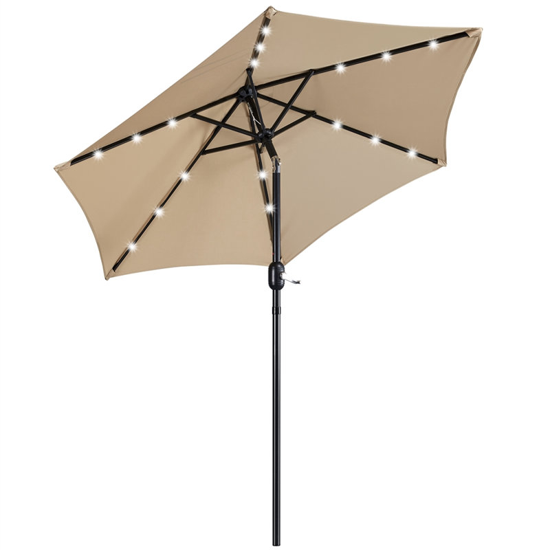 7.5 lighted patio umbrella 7.5/9Ft LED Lighted Patio Umbrella, Solar Market Umbrella with Tilt Push Button Arlmont & Co. Color/Pattern: Tan Size: 90