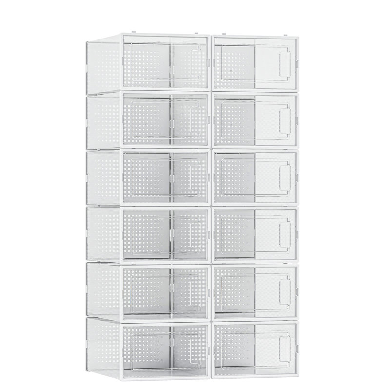 12 Pack Shoe Organizer Storage Bins, Clear Plastic Stackable Shoe Boxes For Closet, Space Saving Foldable Shoe Storage Bins, Sneaker Storage Shoe Box Container, White Frame 