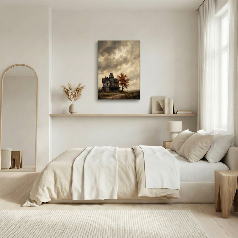 Toile murale grise de style victorien à côté d'un arbre orange sous un ciel nuageux, 36"H x 24"W