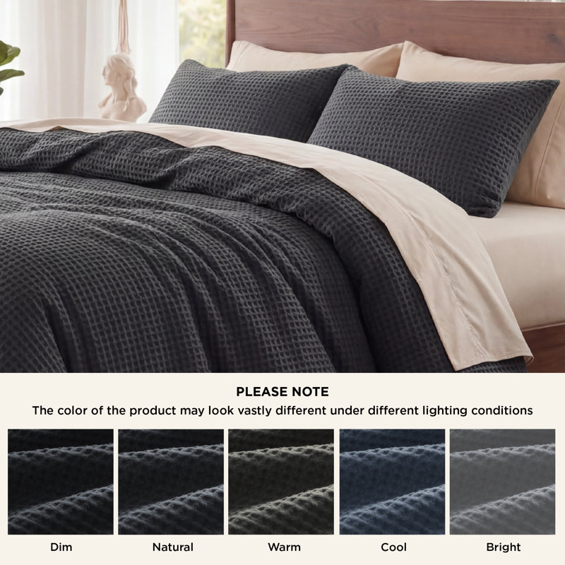 Essential Collection 100% Cotton Waffle Weave Duvet Cover Set, Charcoal, Queen Duvet Cover + 2 Standard Shams