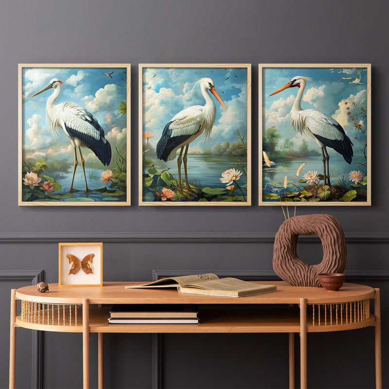 Aviary Study  Series  XXXVII  -Set Of 3 Framed Giclee Prints -Ready to Hang, Natural Framed, 10" H x 8" W