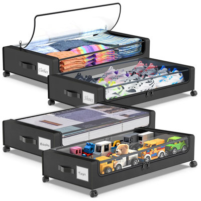 Rangement sous-lit à roulettes, contenants de rangement sous-lit avec couvercles transparents, organisateur de chaussures sous-lit, rangement à roulettes sous-lit pour vêtements, chaussures et couvertures, lot de 4, (noir)