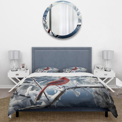 Canada Red Cardinal Bird Winter Wonderland V - Canada Duvet Cover Set - Microfiber Polyester