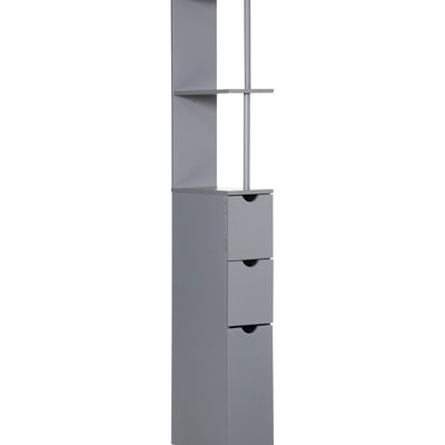 Unité de rangement de 54 po pour la salle de bain grise. 2 tablettes et tiroirs. Espace suffisant pour le linge de maison et les serviettes. Autonome. Fabrication solide. Fonction de fixation murale supplémentaire. L 13 po x H 53,75 po. Poids: 22 lb. Assemblage requis