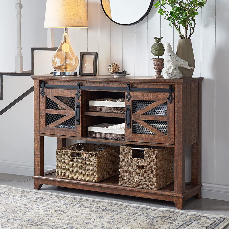 Yasmine 46" Farmhouse Console Table,Entryway Table  With Sliding Barn Door, Brown
