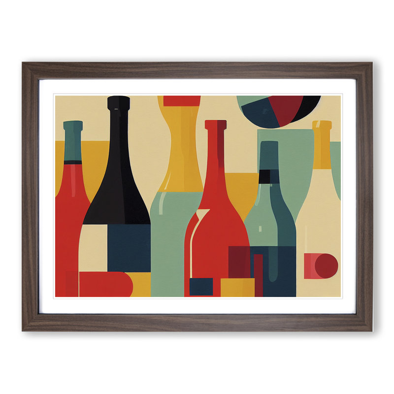 XH1022-10170X Wine Bottle Retro Art Vol.3 Abstract - Single Picture Frame Print, 25cm H x 34cm W x 2cm D, Walnut