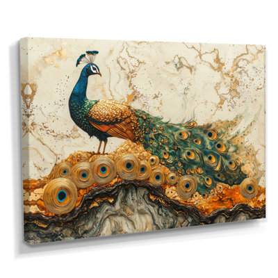 Golden Aqua And Wood Peacock Landscape II - Peacock Canvas Art