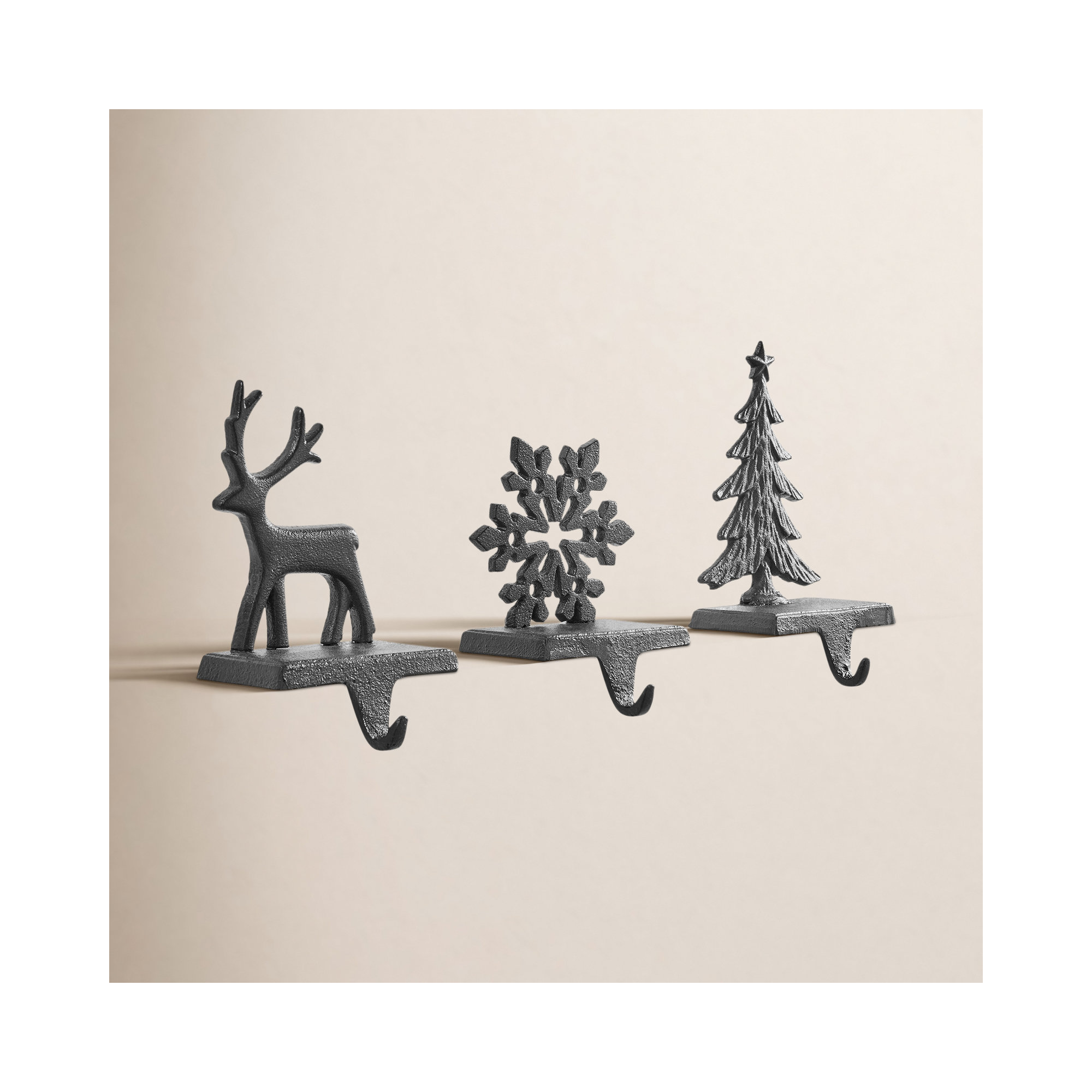 Dark Brown Cast Iron Holiday Sculpture Figure Christmas Decorative Utility Mantel Stocking Hook Set Of 3 - Snowflake, Reindeer, Tree