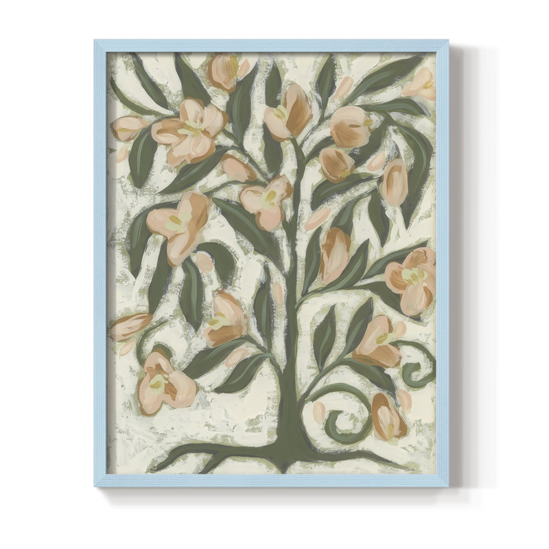 «Folk Peach Blossoms I», H 30 po x l 24 po, Bleu
