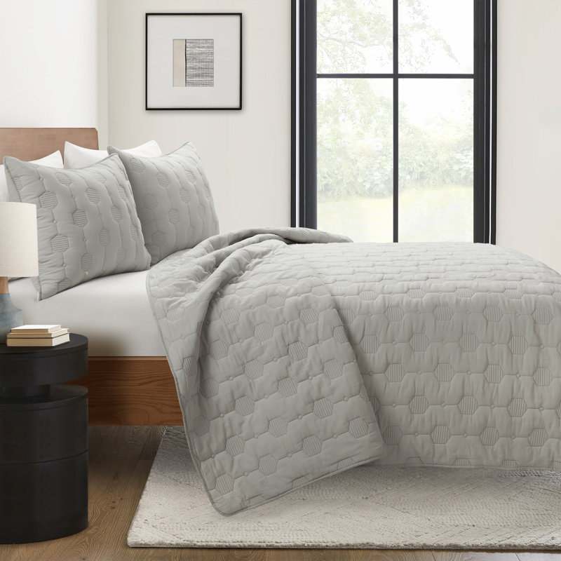 Standard Cotton 3 Piece Quilt Set, King Quilt + 2 King Shams, Gray