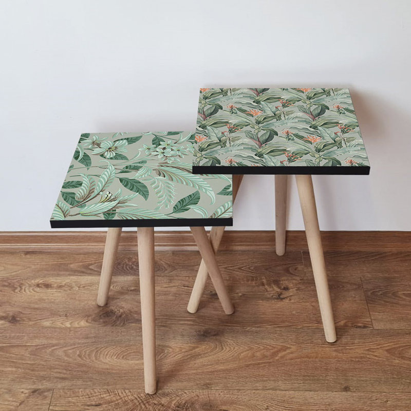 Modern Nesting Table Set (2 Pieces), Green & Orange with Grey Accents, 13.8 x 18.5 x 13.8 in & 13.8 x 16.5 x 13.8 in | 100% MDF with Beech Wood Legs, Stylish Novelty Flower Design for Living Room & Office