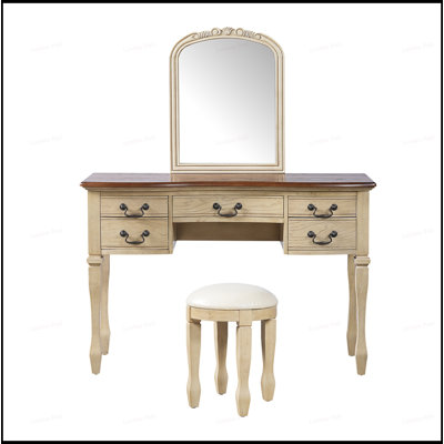 Coiffeuse de maquillage rétro avec miroir à cadre floral incurvé, coiffeuse élégante avec 5 tiroirs et tabouret en cuir, pieds en bois massif, poignées antiques pour la chambre à coucher