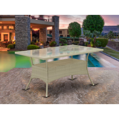 Patio Wicker Dining Table - Rectangle PE Wicker Table with Glass Top, Natural Linen
