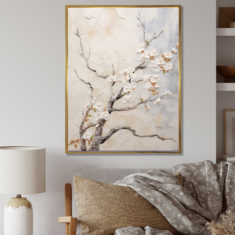 Art mural sur toile minimaliste blanc et gris Cherry Blossom IV, H 32 po x l 16 po x P 1 po, Cadre flottant doré